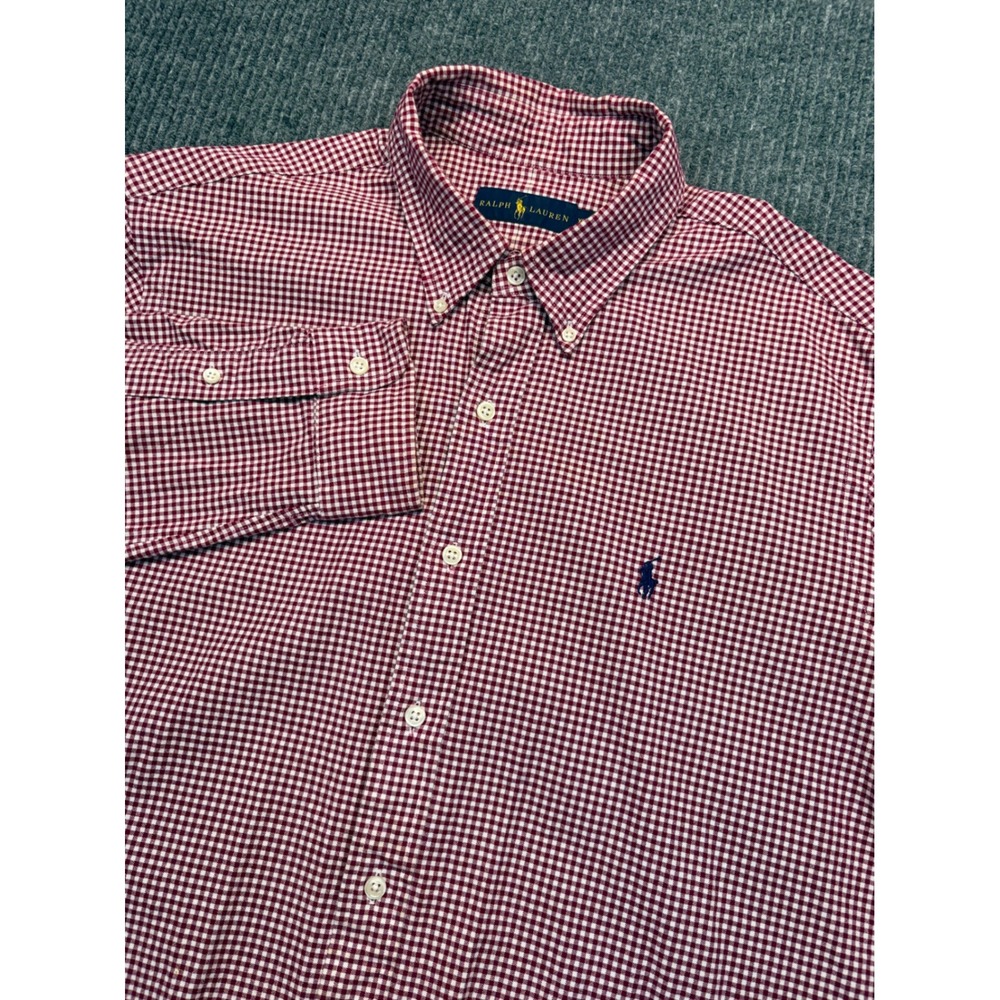 Ralph Lauren Mens XL Gingham Button Down Shirt Red White Stretch Long Sleeve